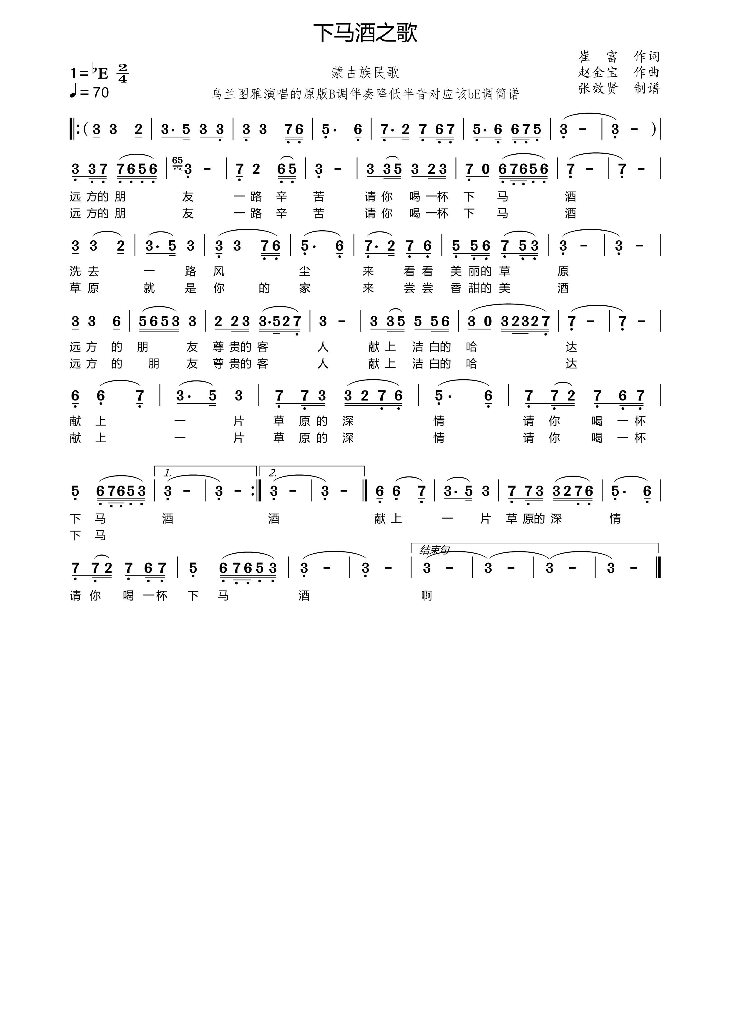薩克斯下馬酒之歌簡譜 薩克斯下馬酒之歌簡譜
